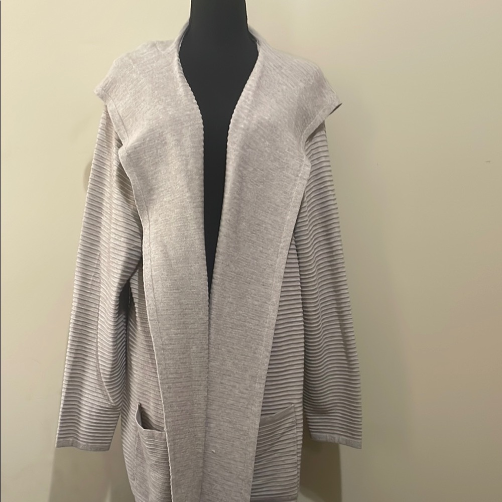 Gray Ribbed Cardigan Sweater with hood